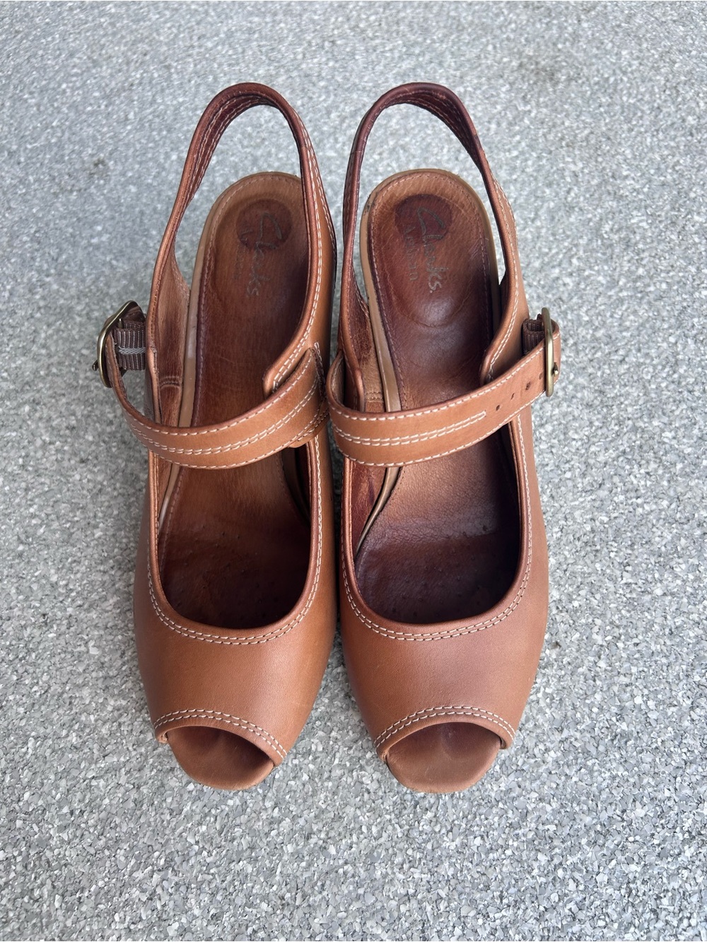Clarks Women’s Brown Leather Slingback Peep-Toe Heels Size 8M